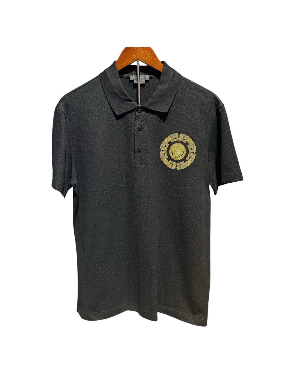 Versace Medusa Crystal Embroidered Black Cotton Pique Polo Shirt Men’s M